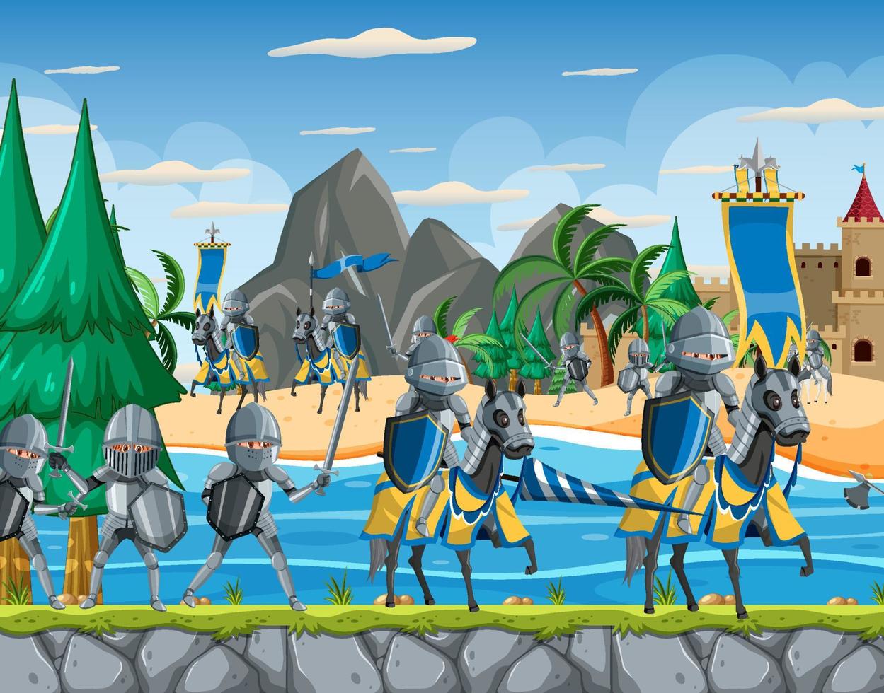 Scene with medieval knights with horses marching vector