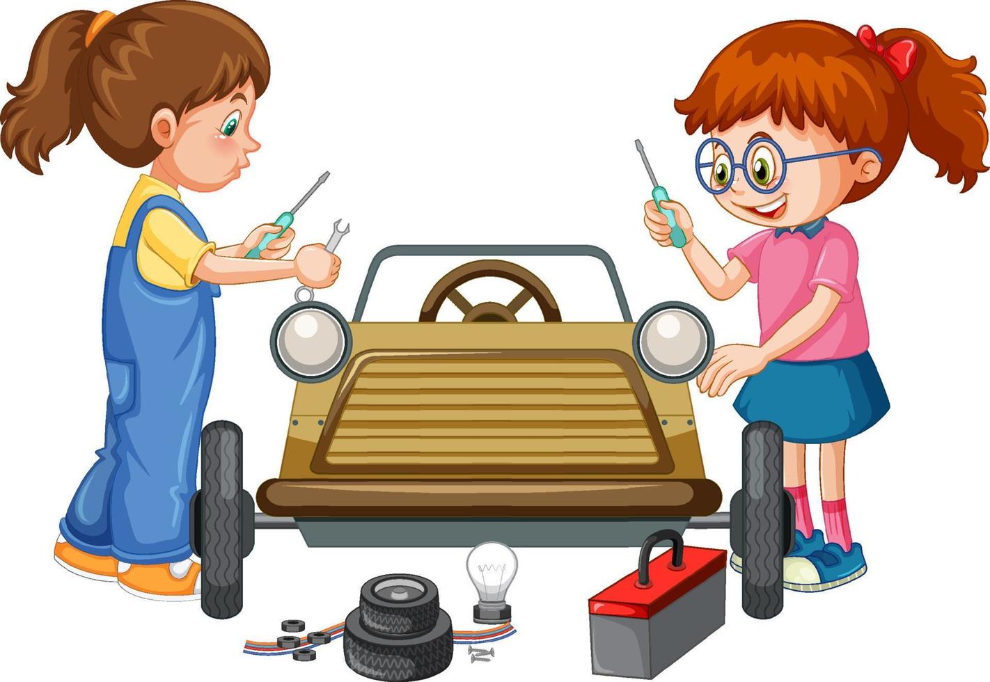 Two girls fixing a car together vector