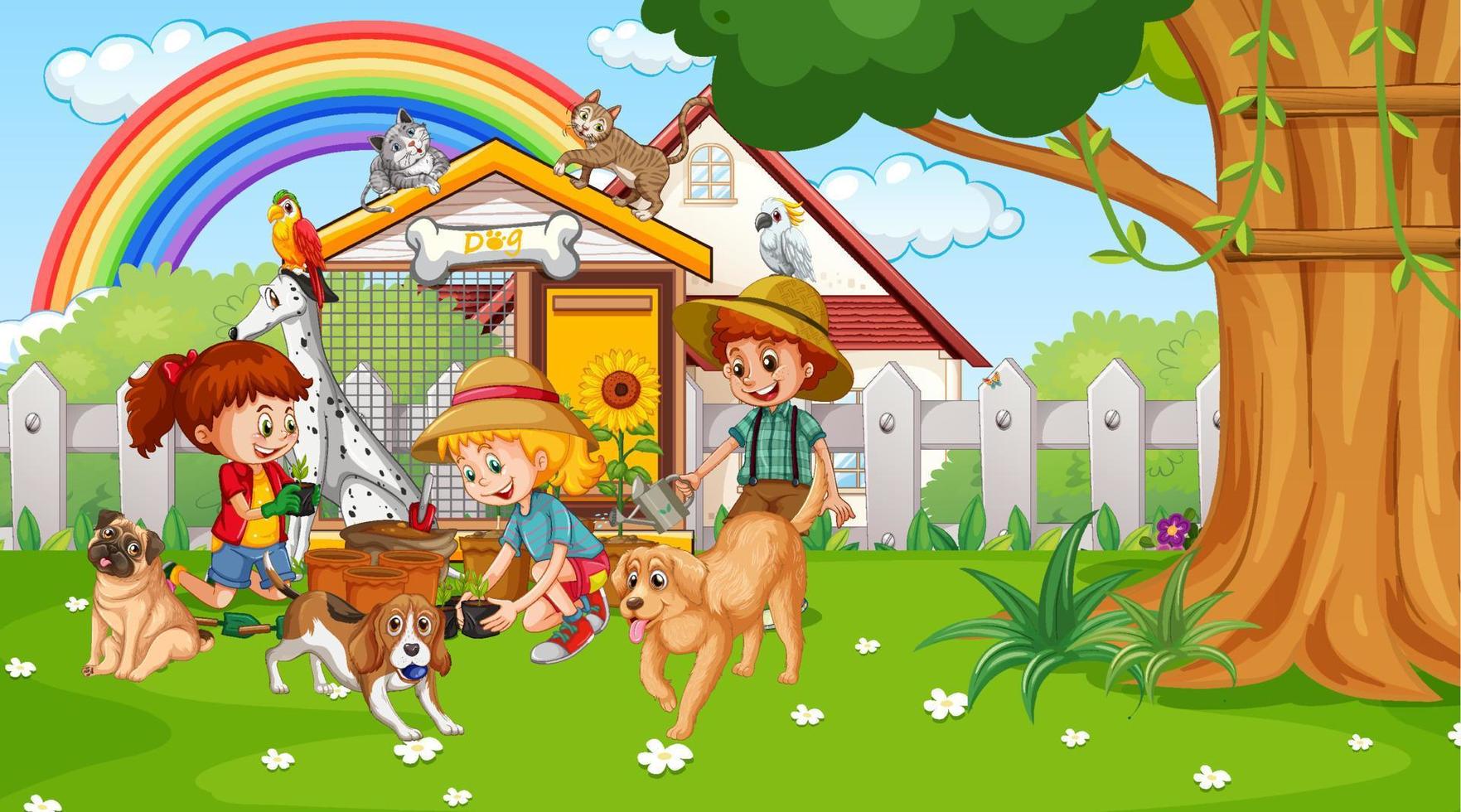 Escena del parque con niños jugando con sus animales. vector