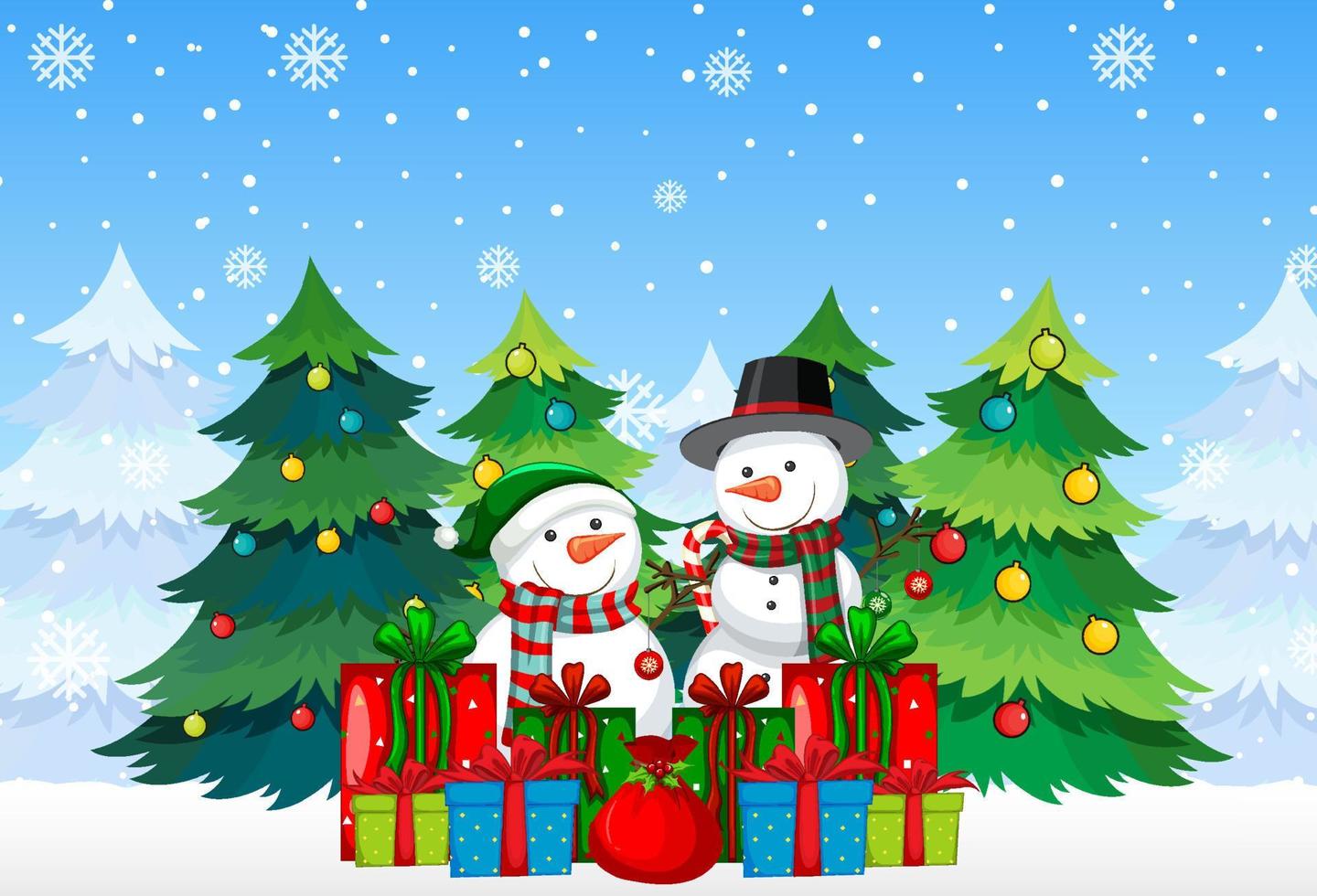 Snowman with many gift boxes on snowy blue background vector