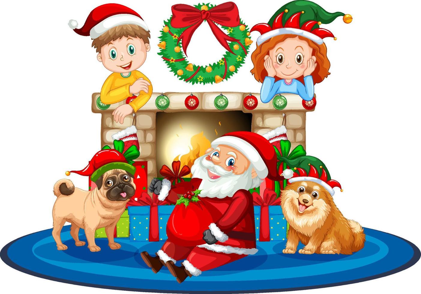 Santa Claus sitting in front fireplace with children and dogs vector