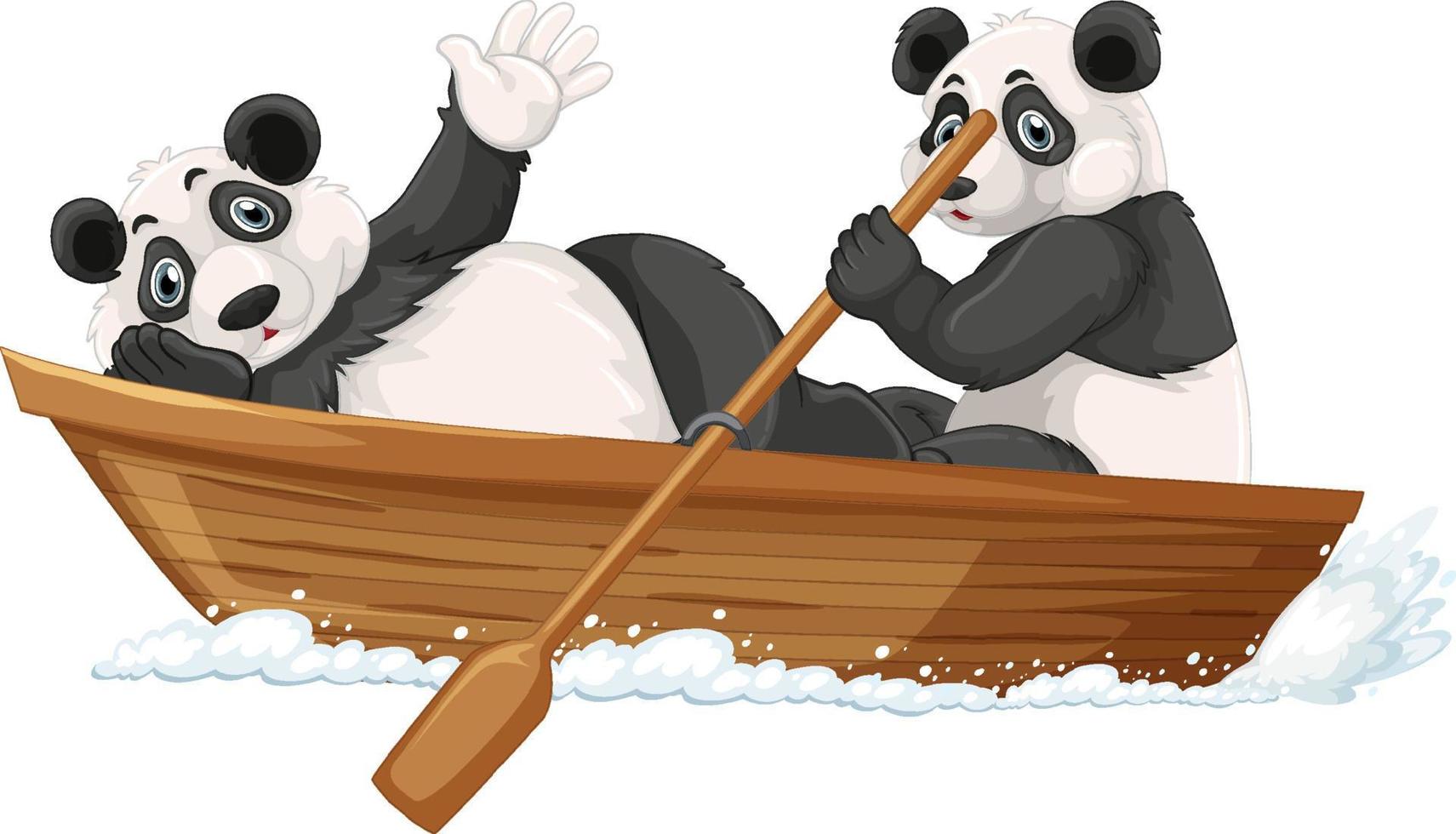 pandas en bote de madera en estilo de dibujos animados vector