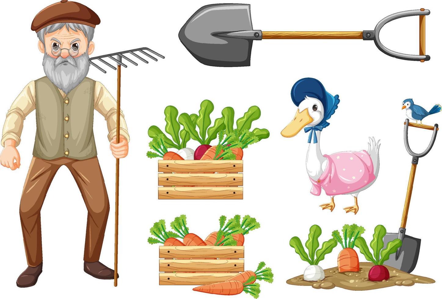 Set of farm animals and farmer cartoon character vector