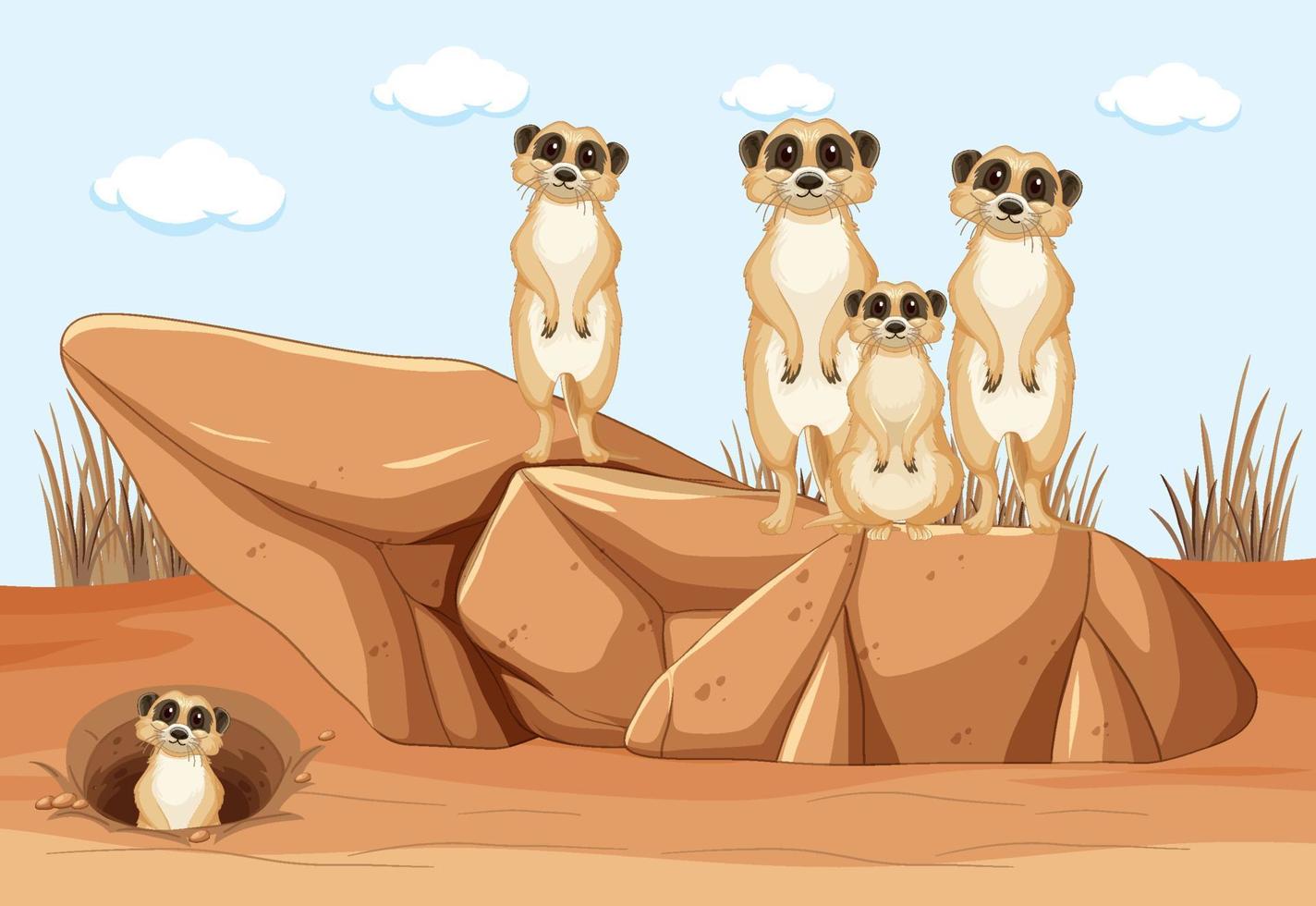 Fondo del desierto con un grupo de suricatas. vector