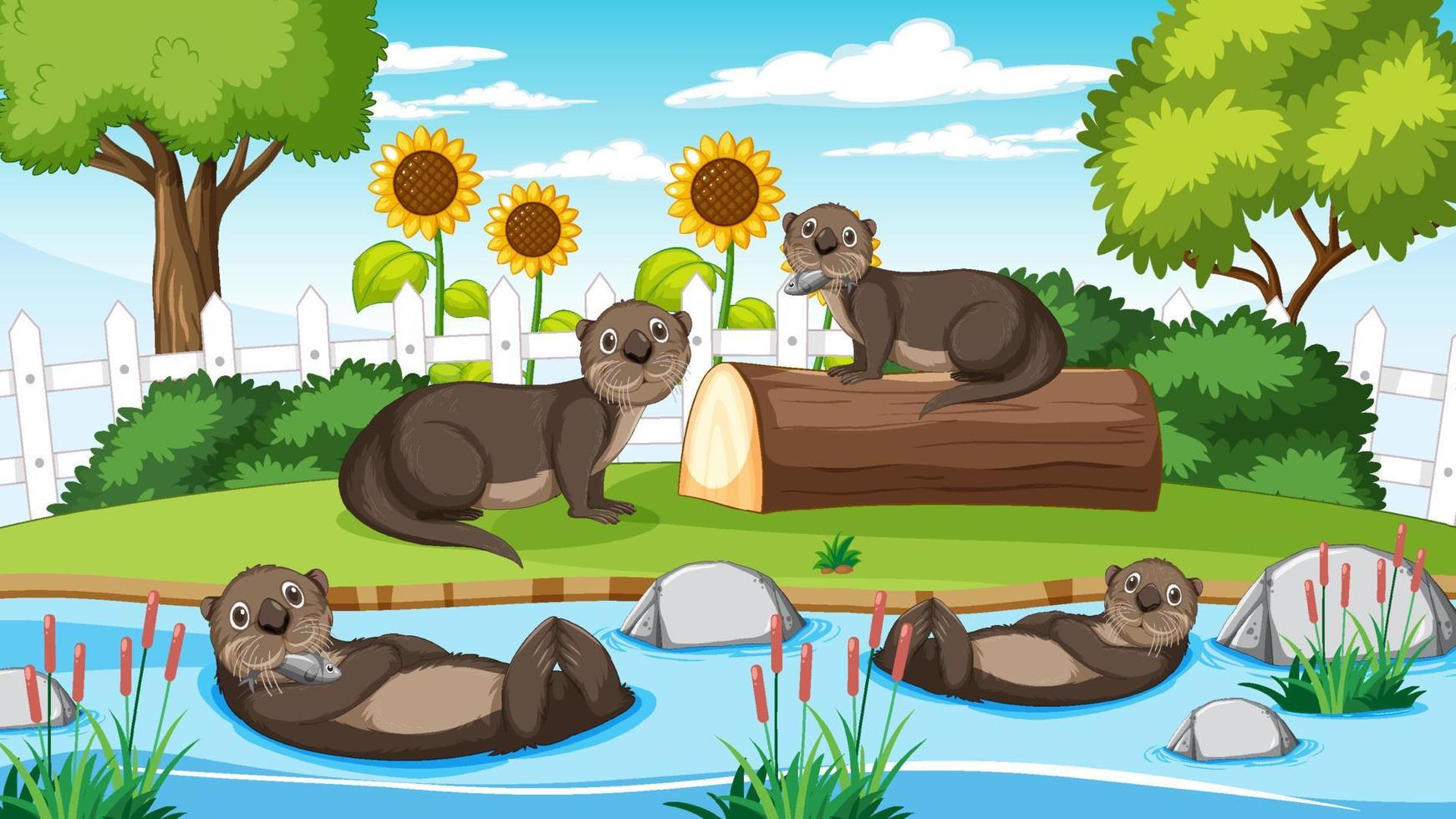 River in the forest with otters vector