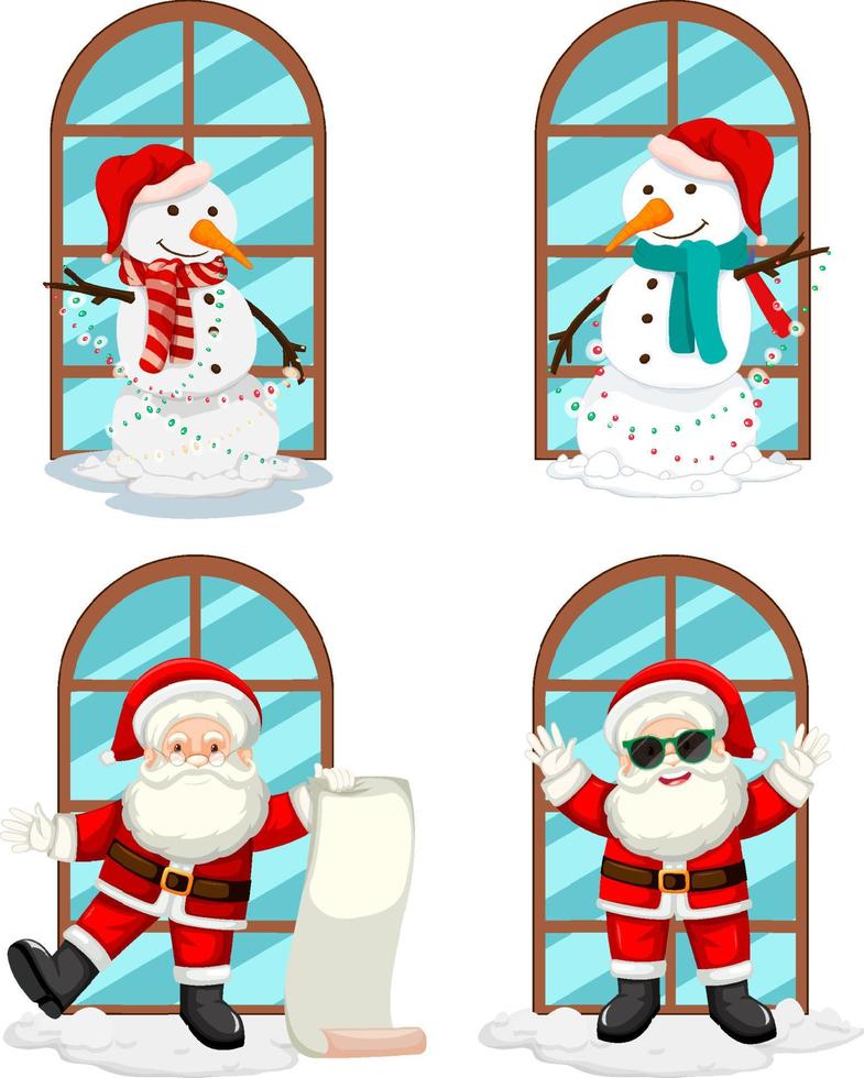 conjunto de muñeco de nieve y santa junto a la ventana vector