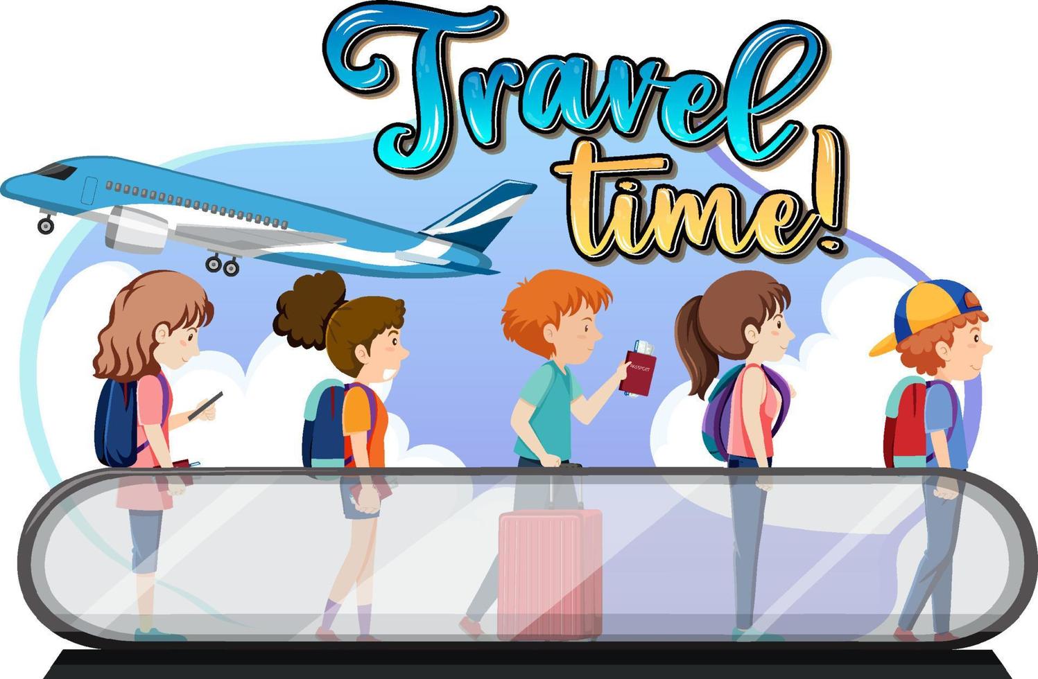 logotipo de tipografía de tiempo de viaje con pasajeros en la pasarela móvil vector