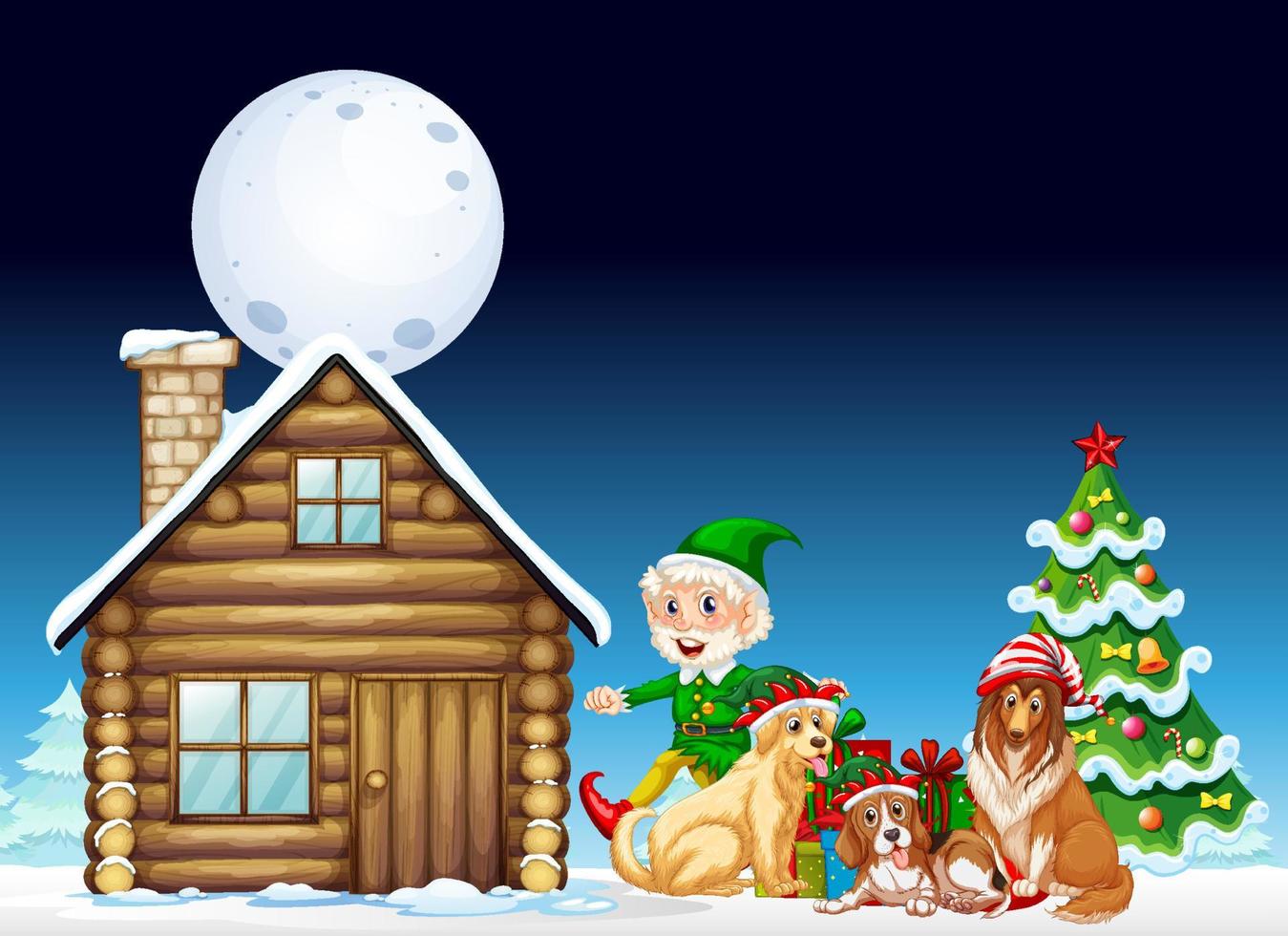 Snowy winter night with Christmas elf and dogs vector