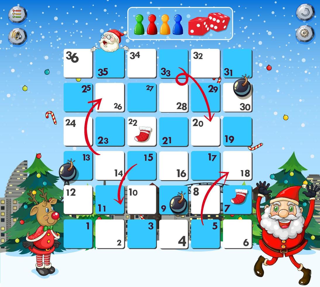 Snake and ladders game template in Christmas theme vector
