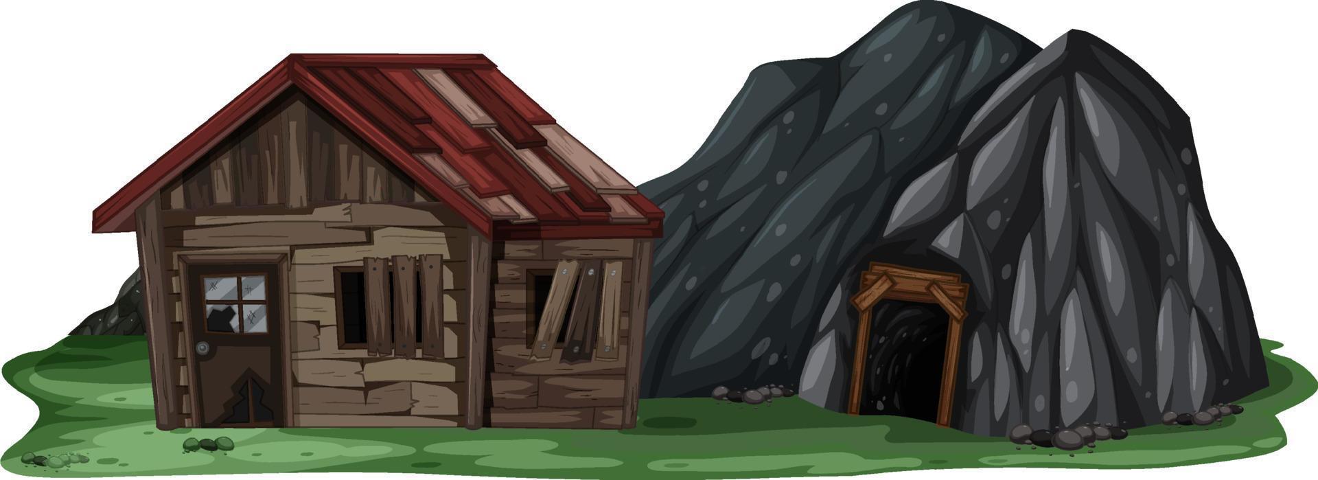 An abandoned house with a rock cave on white background vector