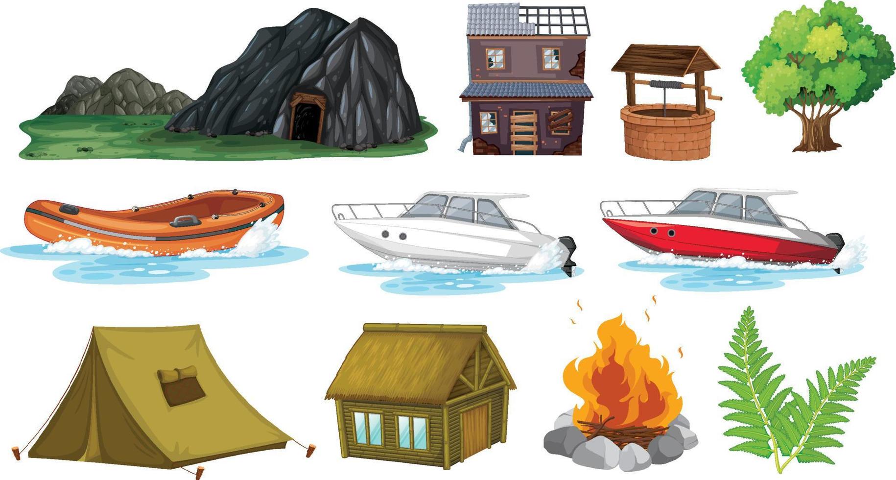 Set of camping objects and elements vector