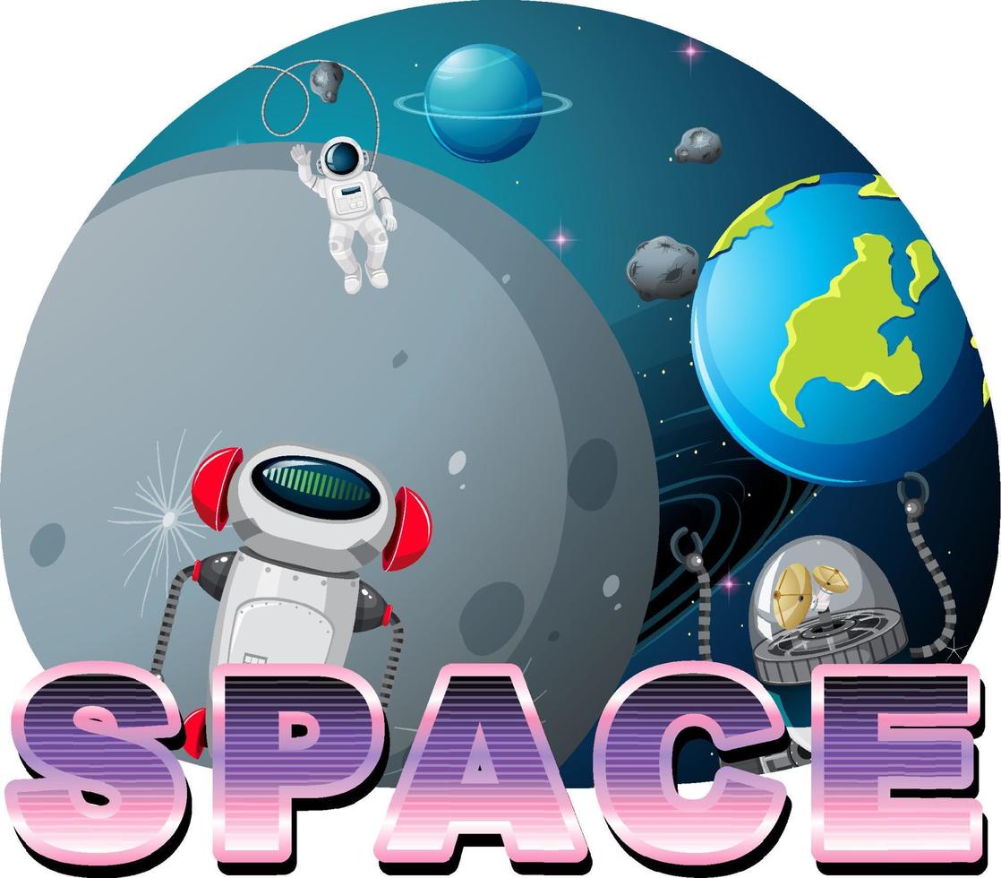 diseño de logotipo de palabra espacial con astronauta y robot vector