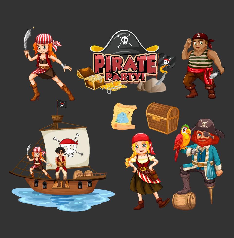 Set of pirate cartoon characters and objects vector
