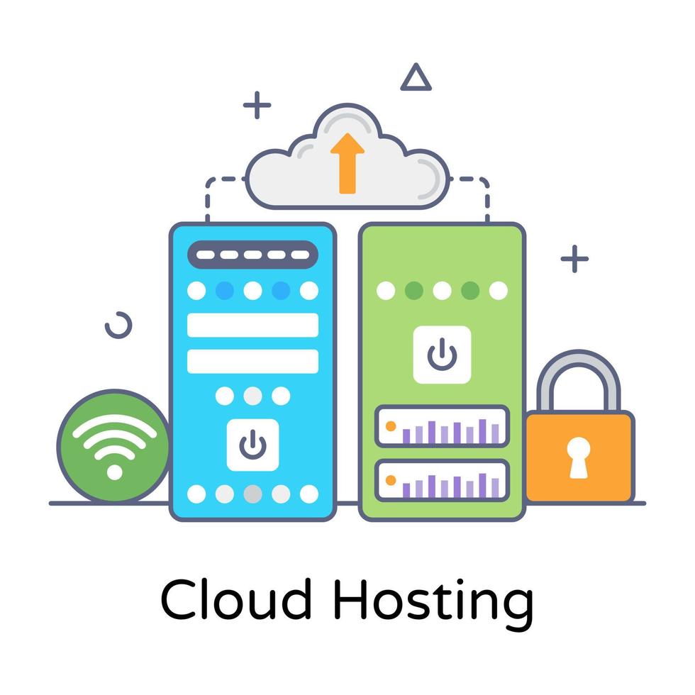 Cloud hosting in flat outline icon, editable vector