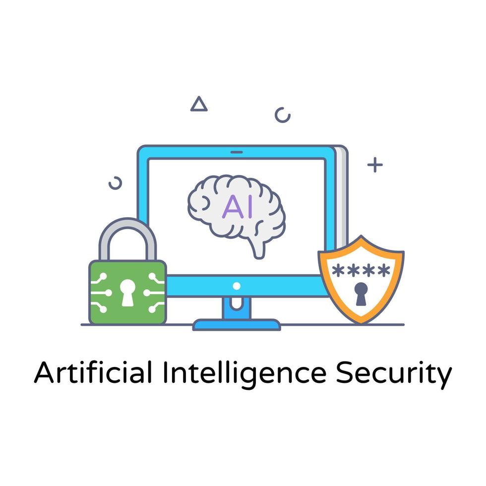 Lock with brain denoting flat outline icon of artificial intelligence security vector