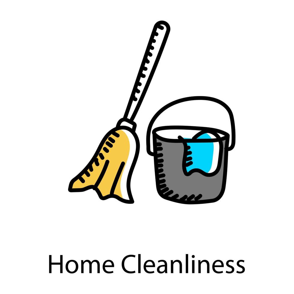 Broom and bucket denoting home cleanliness in doodle icon vector