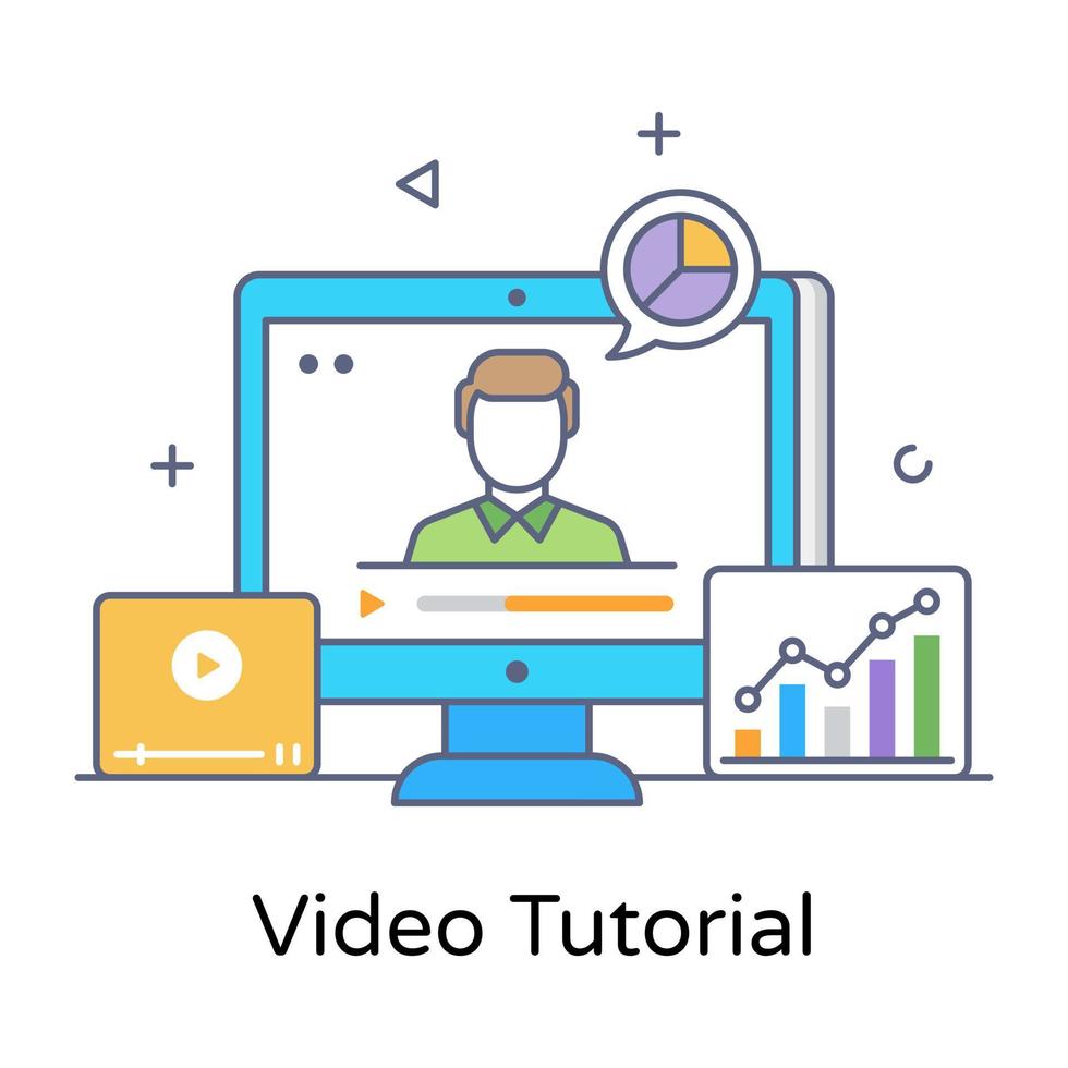 A video tutorial with business training concept, flat line vector