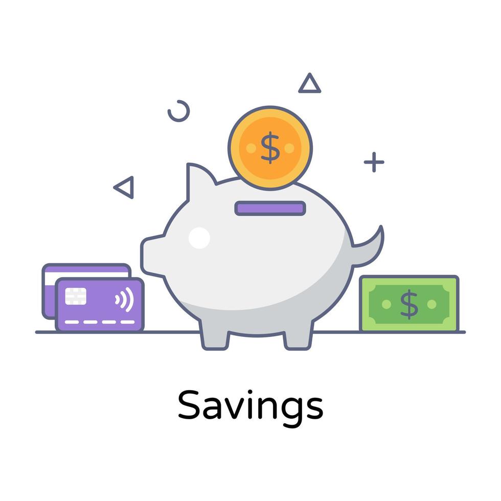 Piggy bank in flat outline style, savings or accumulation of money vector