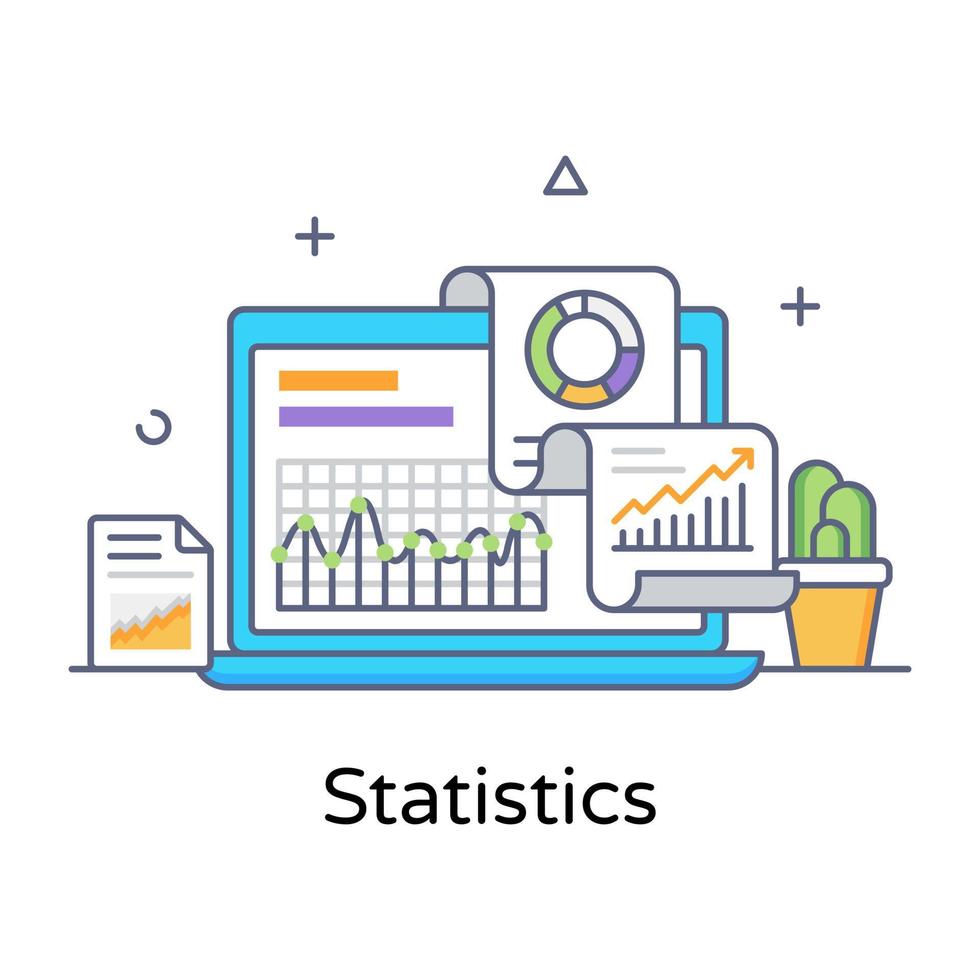 informe gráfico en línea que denota estadísticas de una empresa, vector de contorno plano