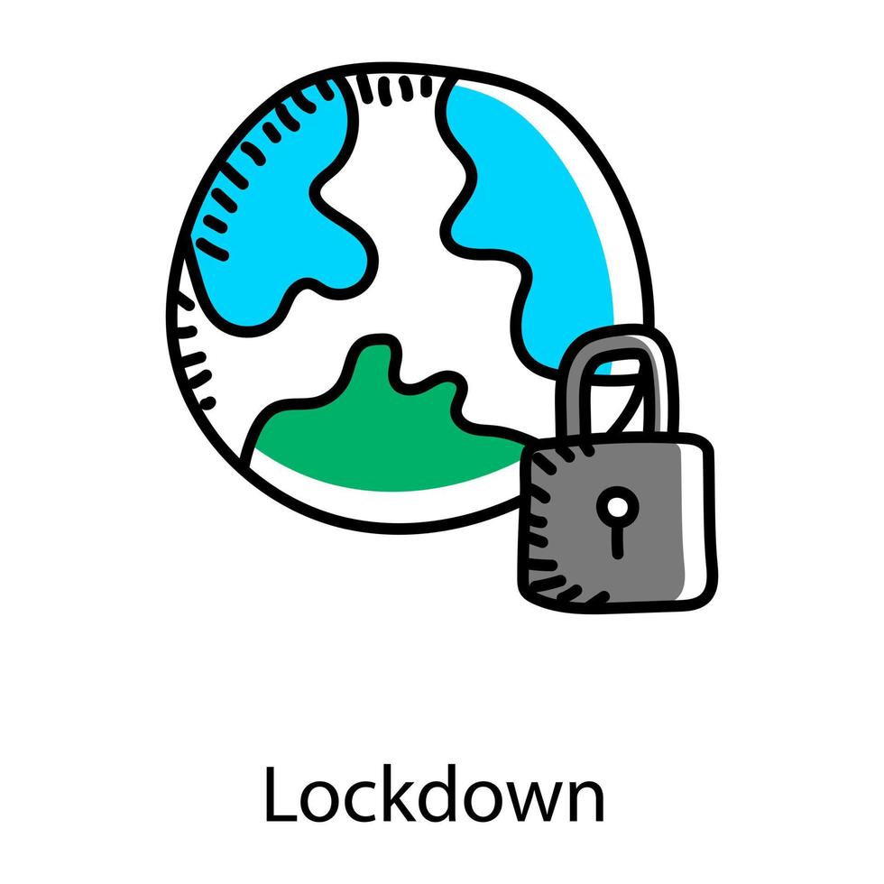 World with lock denoting lockdown doodle style icon vector