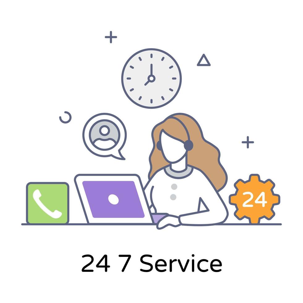 Flat outline concept icon of 24 services vector