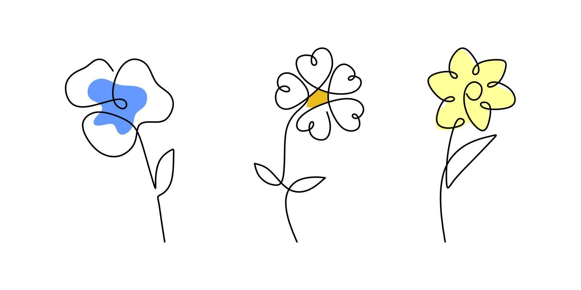 tres flores de primavera de una sola línea continua con color amarillo azul  6094992 Vector en Vecteezy
