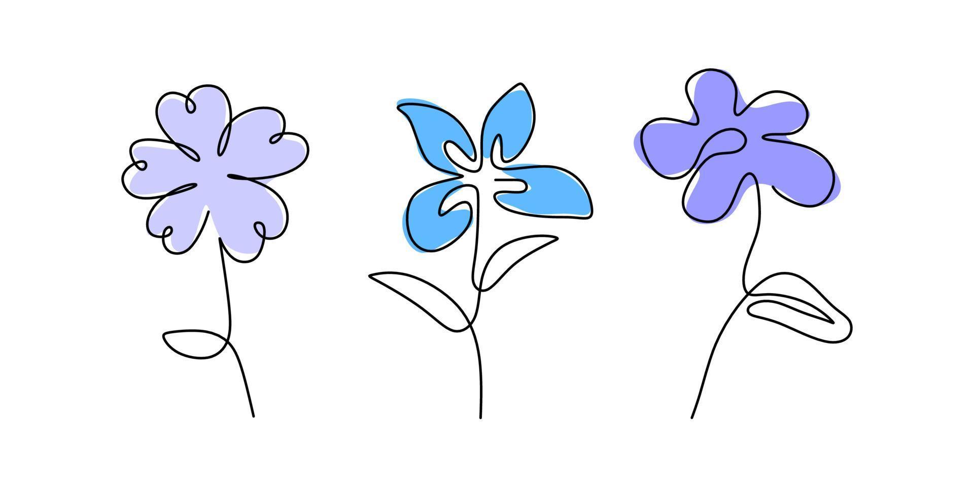 tres flores de primavera de una sola línea continua con color azul púrpura vector