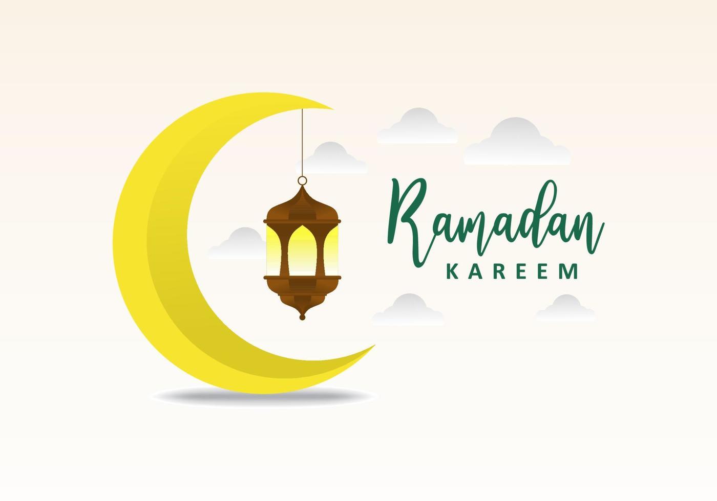 Ramadan kareem greeting card with yellow moon and lantern. vector