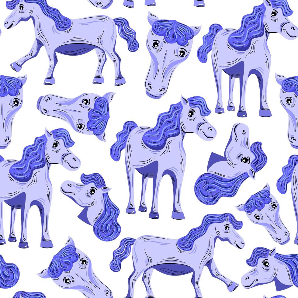 Seamless pattern blue little pony horse isolated on white background vector