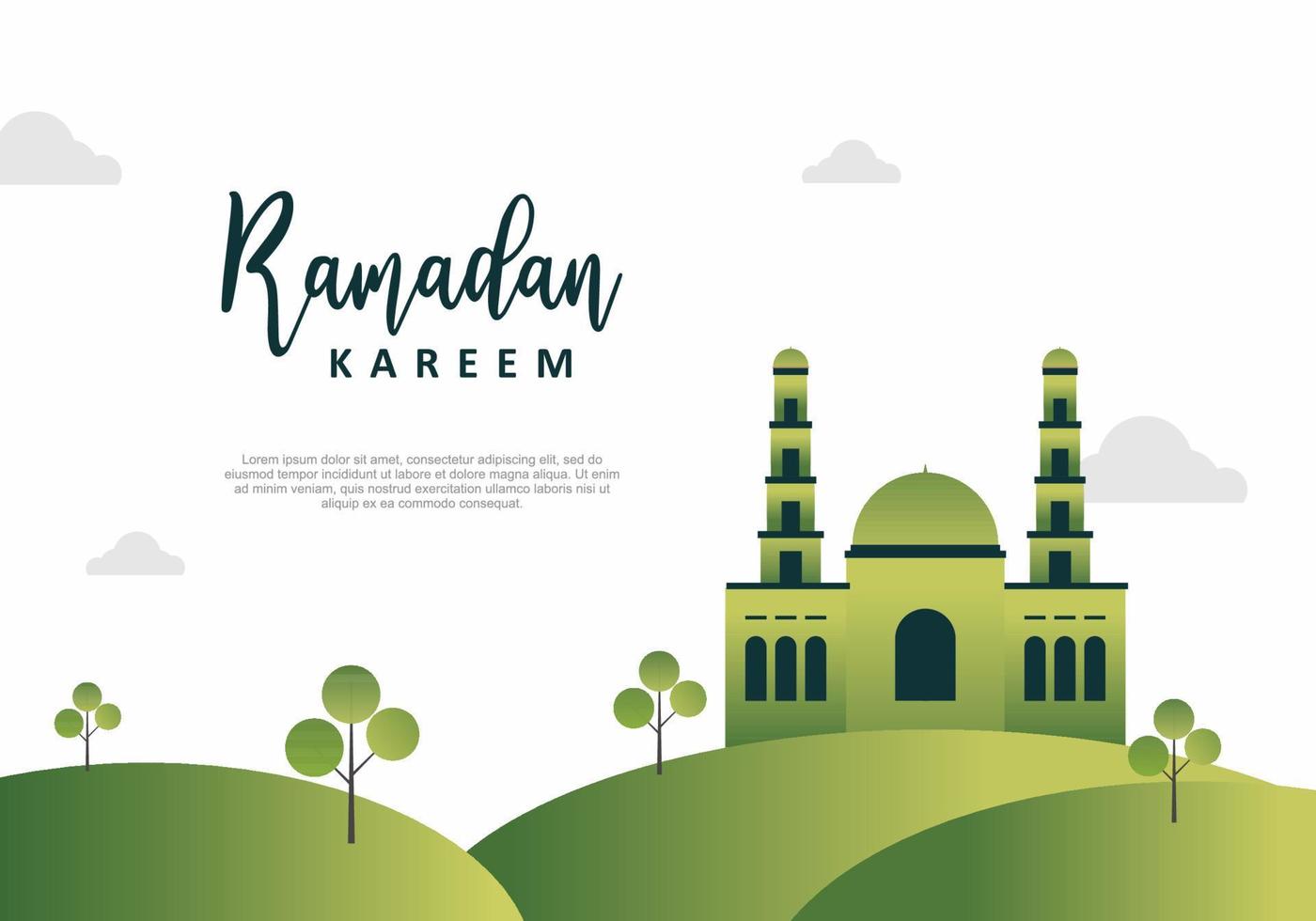 Ramadan kareem greeting card with green mosque on park. vector