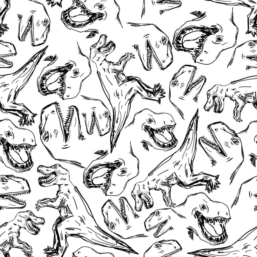 Seamless pattern of cute dinosaurs in monochrome style vector