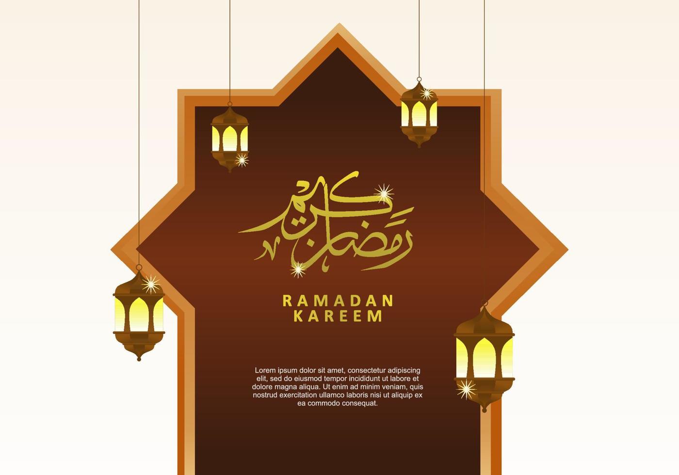 Ramadan kareem brown islamic ornament, golden calligraphy and lantern vector