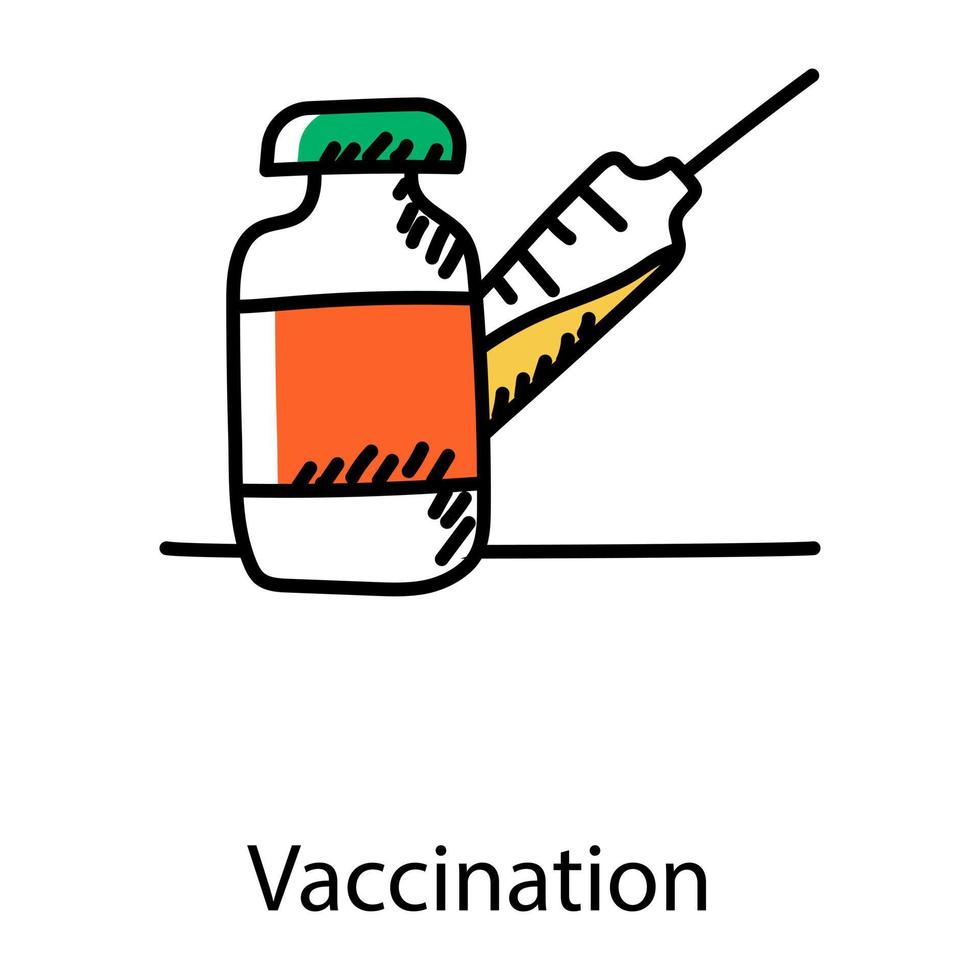 Syringe with medical bottle denoting doodle icon of vaccination vector