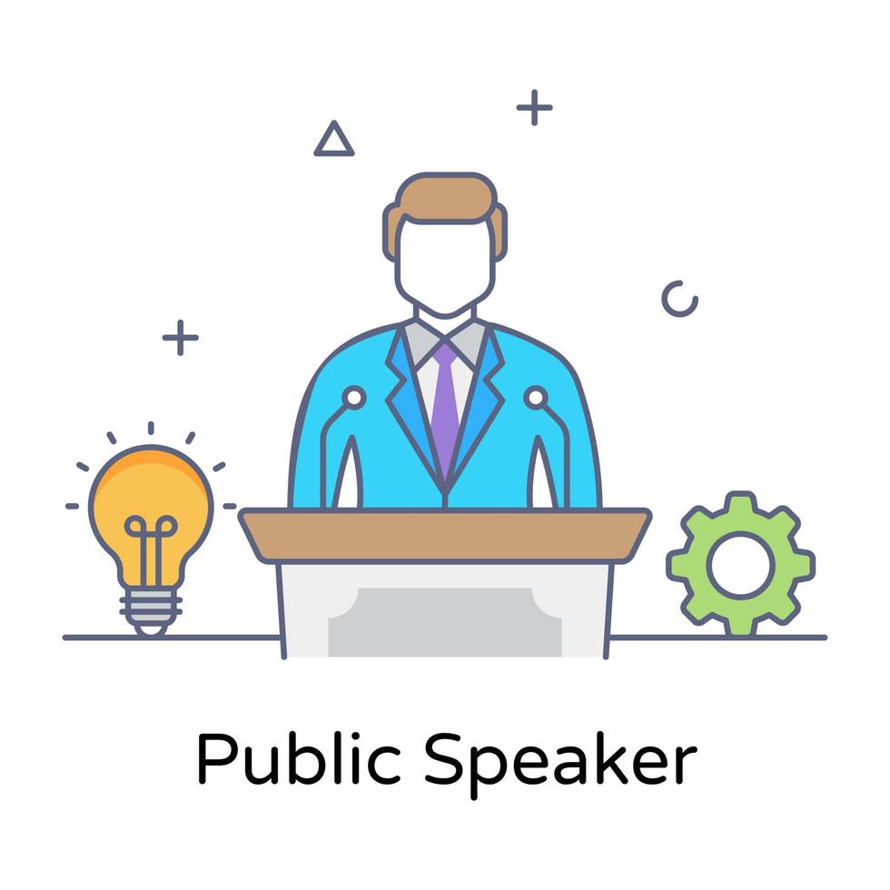 A person on rostrum representing him as a public speaker, flat line concept icon vector