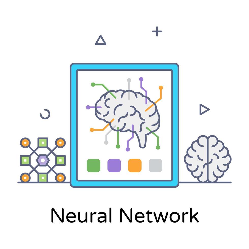 Brain with nodes denoting flat conceptual icon of neural network vector