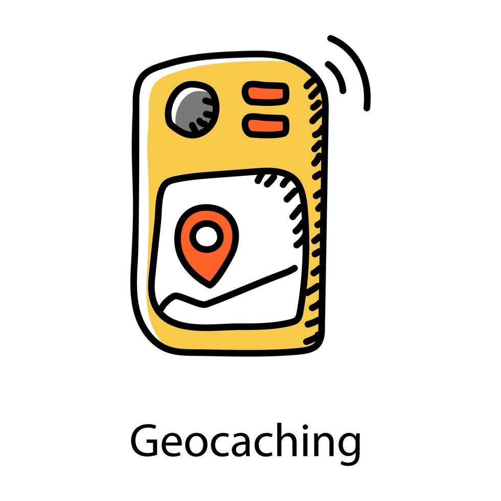 dispositivo de búsqueda de ubicación, icono dibujado a mano de geocaching vector