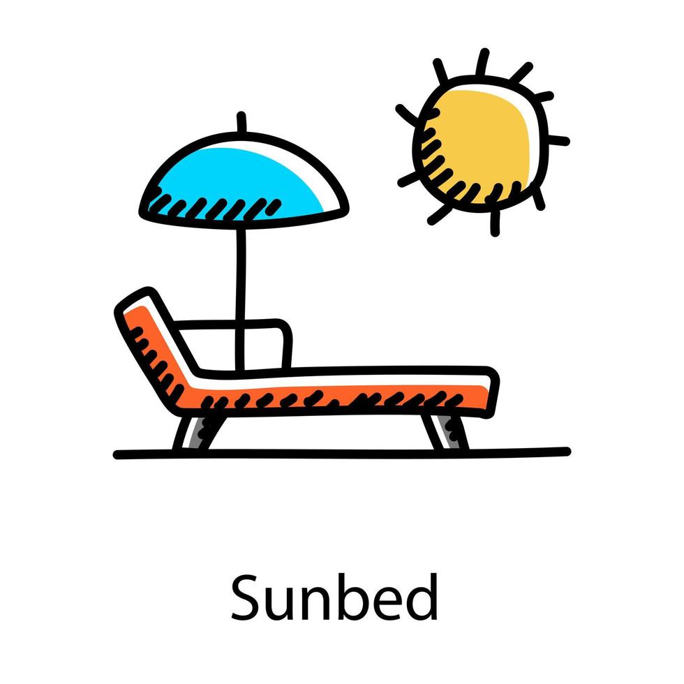 Umbrella with bed denoting doodle icon of sunbed vector