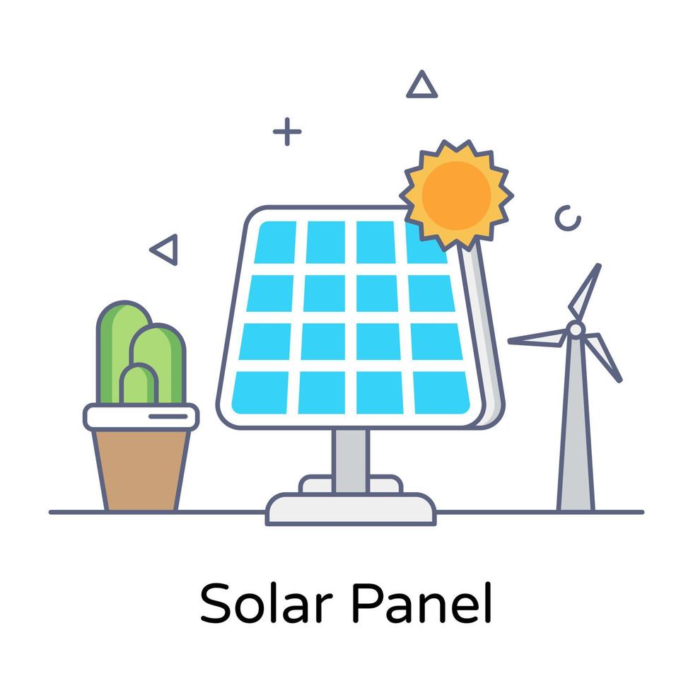 Solar energy resource icon in flat outline design, solar panel vector