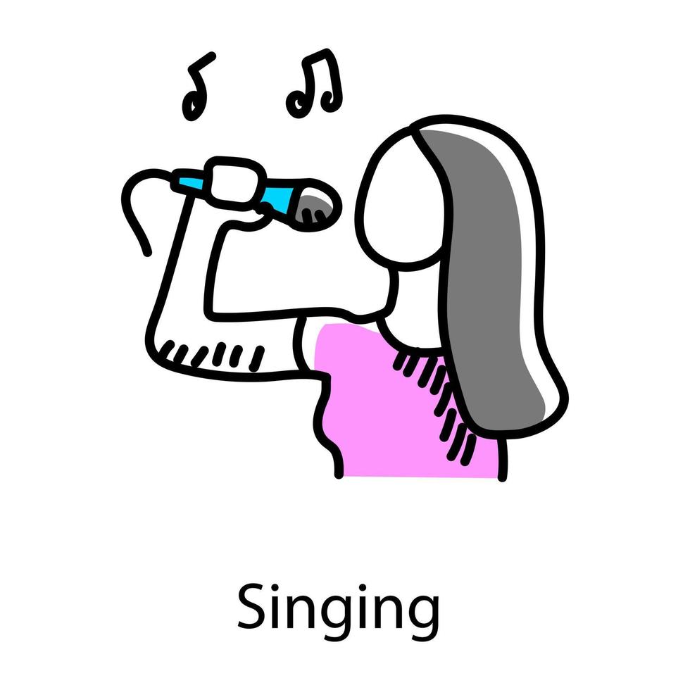 Girl with mic denoting singing in doodle style icon vector