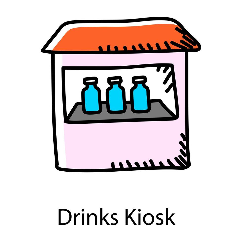 cabina y bebidas que denotan el icono del garabato del quiosco de bebidas vector