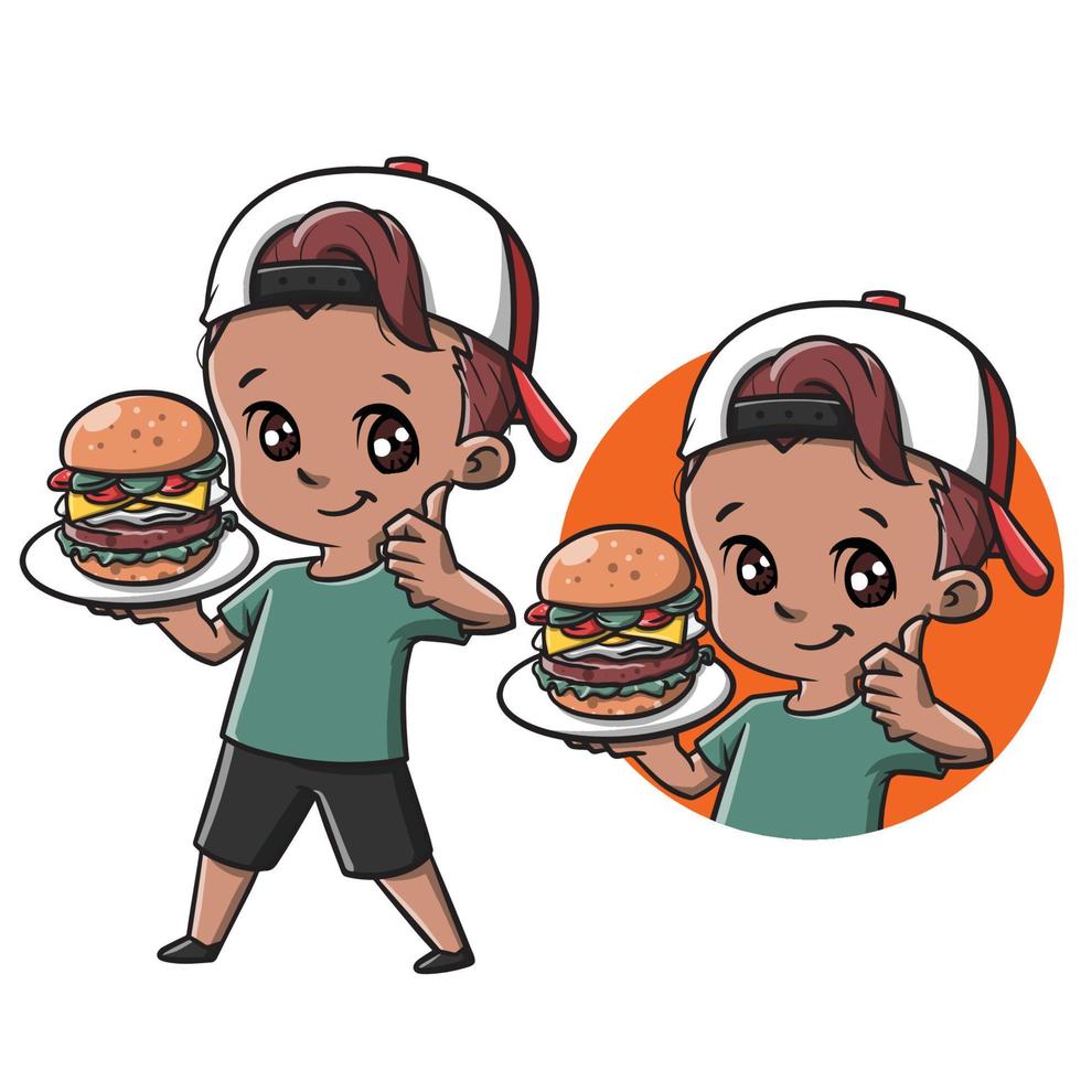 lindo, niño, con, hamburguesa, caricatura vector