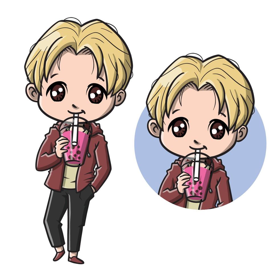 Cute Boy with Bubble Boba Tea Cartoon vector