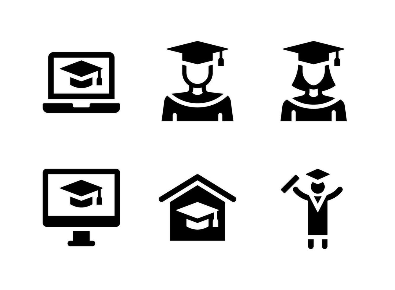 conjunto simple de iconos sólidos vectoriales relacionados con la graduación. contiene íconos como aprendizaje en línea, estudiante, mujer y más. vector