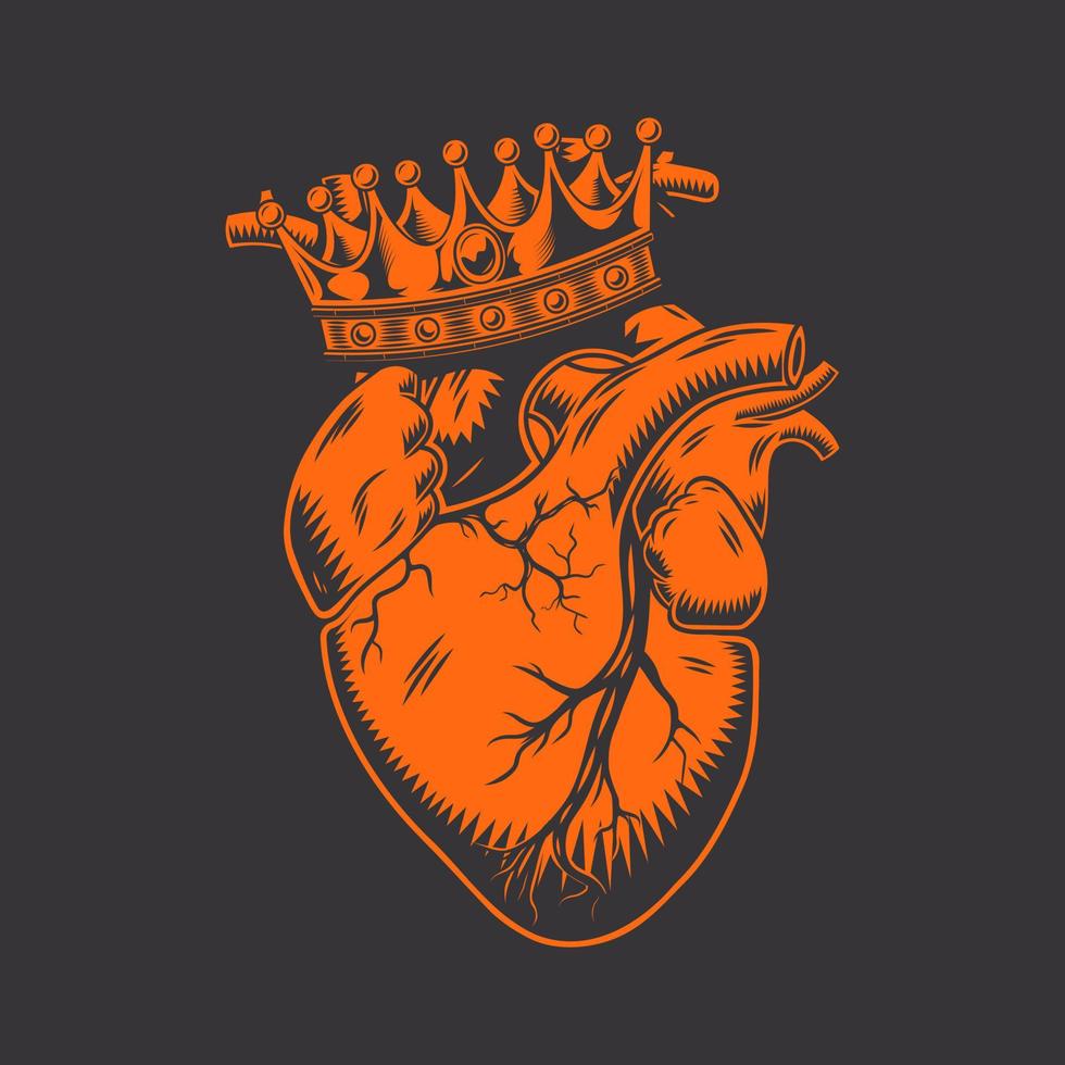 rey corazón anatómicamente dibujado a mano línea de arte. tatuaje flash vintage o ilustración vectorial de diseño de impresión. vector