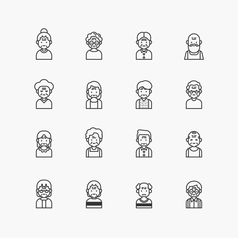 paquete de colección de iconos de línea plana de hombres y mujeres mayores mayores. vectores de diseño sencillo