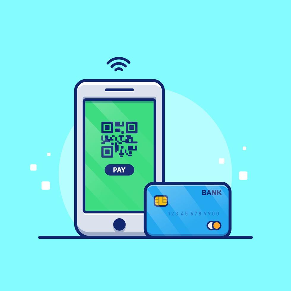 teléfono móvil con código de barras de aplicación de pago e ilustración de icono de vector de dibujos animados de tarjeta bancaria. concepto de icono de tecnología financiera vector premium aislado. estilo de dibujos animados plana