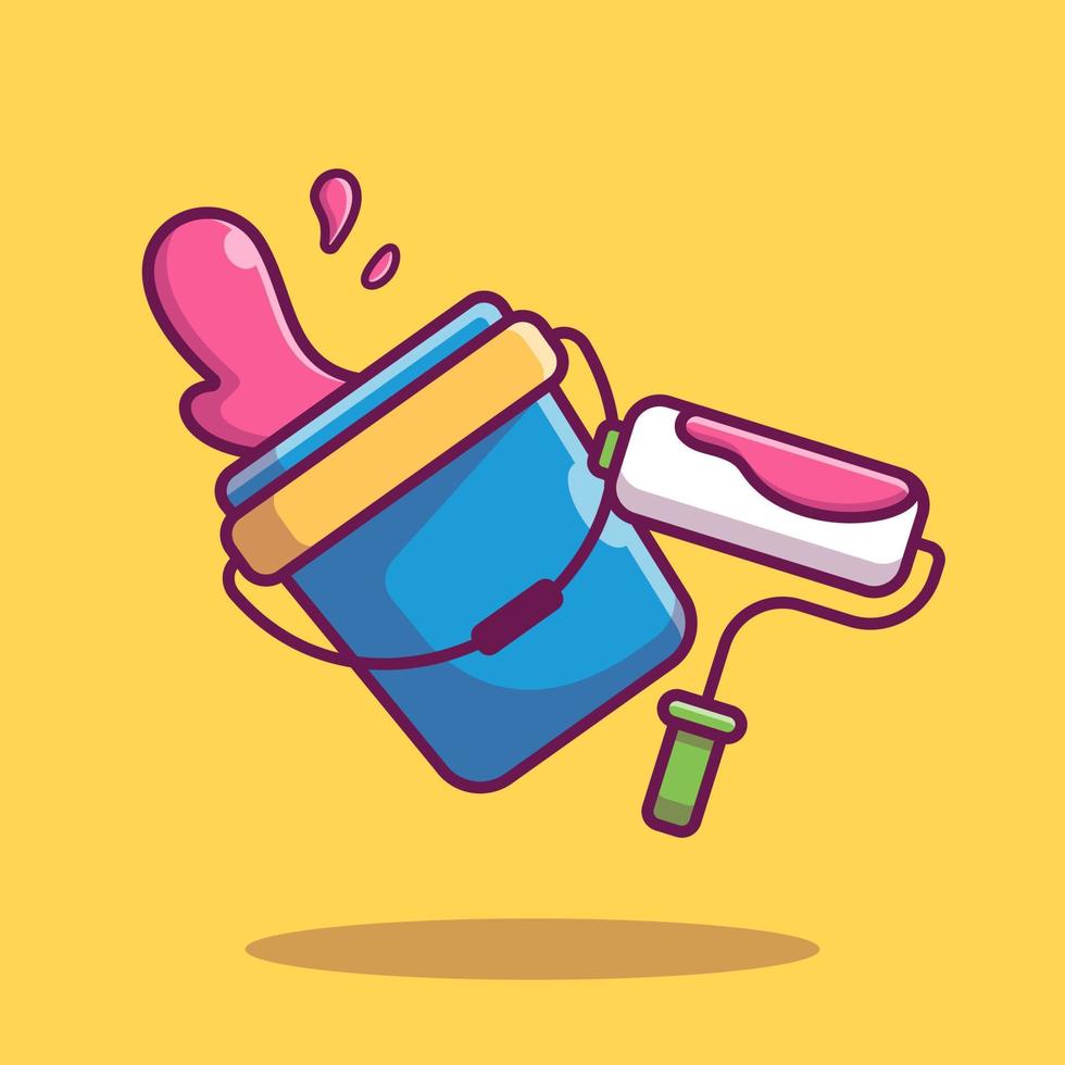 Paint Roller Brush And Paint Bucket Cartoon Vector Icon Illustration.  Building Interiors Icon Concept Isolated Premium Vector. Flat Cartoon  Style