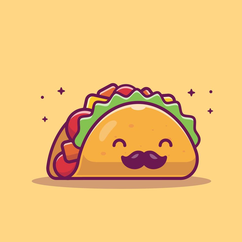 Ilustración de icono de vector de dibujos animados de taco de bigote lindo. concepto de icono de objeto de comida vector premium aislado. estilo de dibujos animados plana