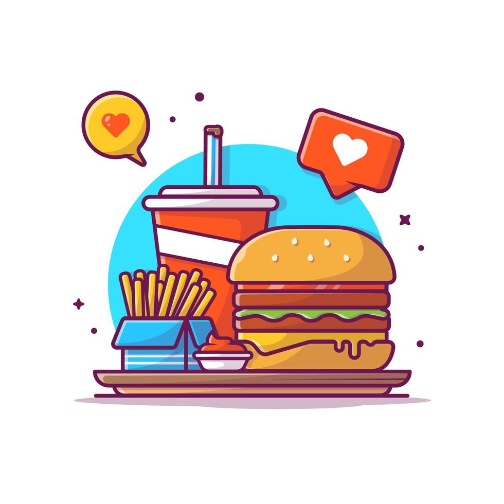 Love Burger, Soda And French Fries Cartoon Vector Icon Illustration.  Food Object Icon Concept Isolated Premium Vector. Flat Cartoon  Style