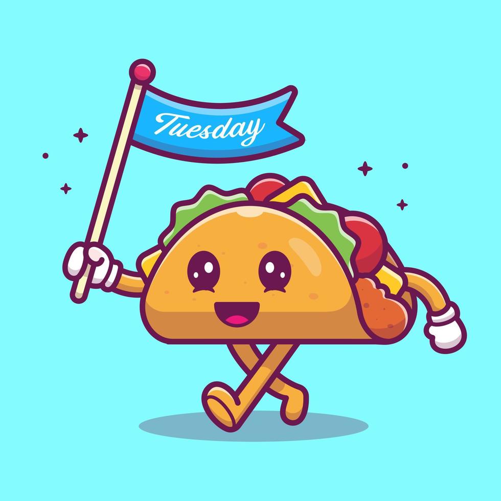 lindo taco sosteniendo la bandera del martes ilustración de icono de vector de dibujos animados. concepto de icono de vacaciones de alimentos vector premium aislado. estilo de dibujos animados plana